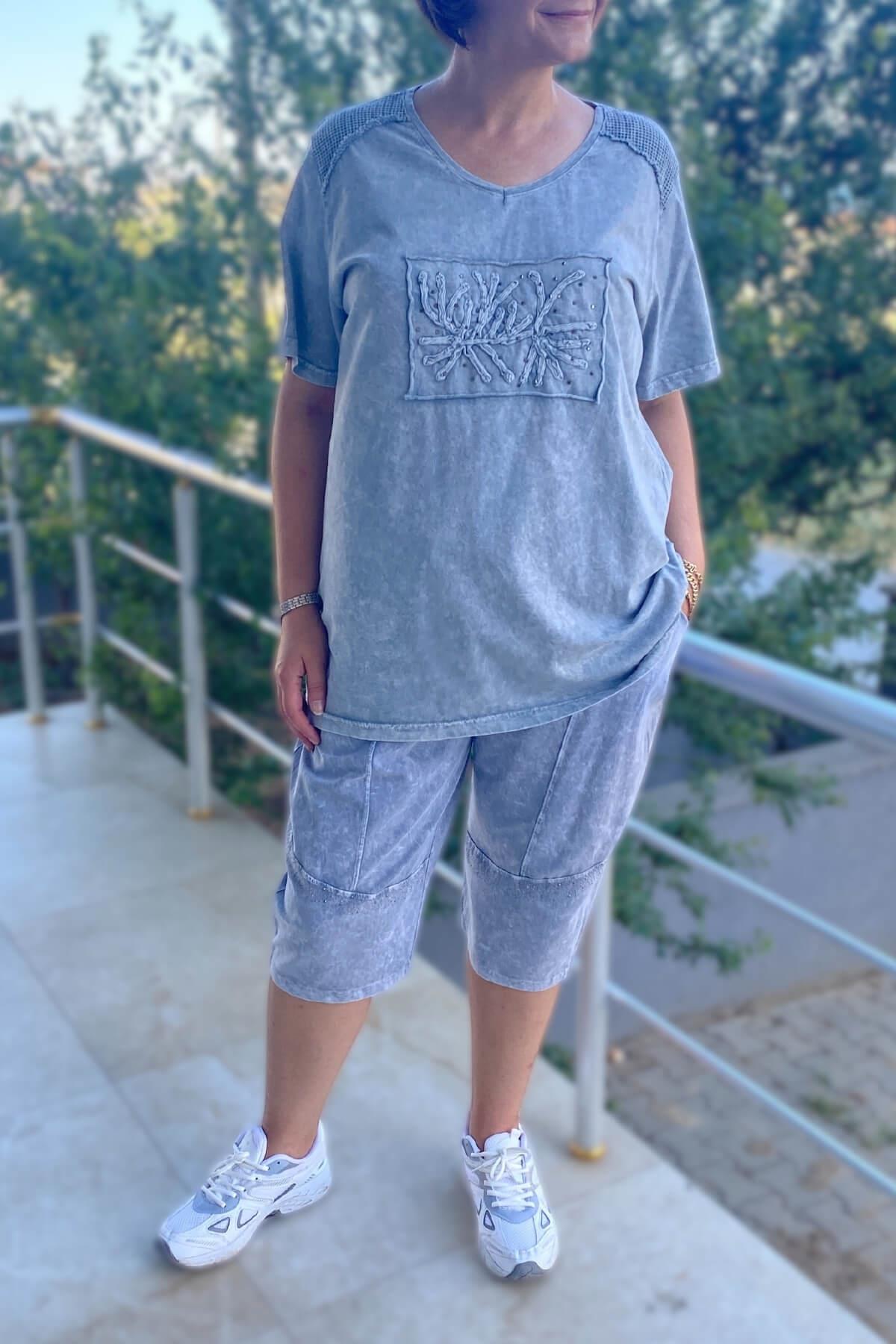 Büyük Beden Gri Yaprak Desenli Bermuda Takım