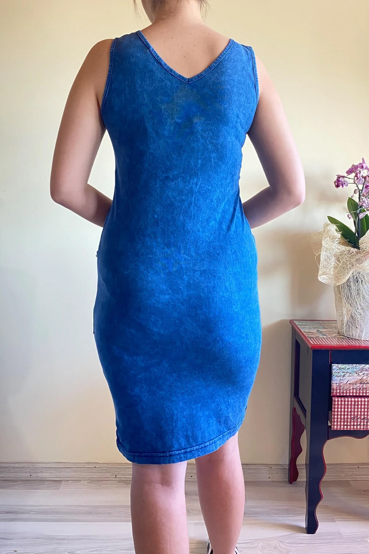 Kadın İtalyan Yıkamalı Kolsuz Lacivert Elbise