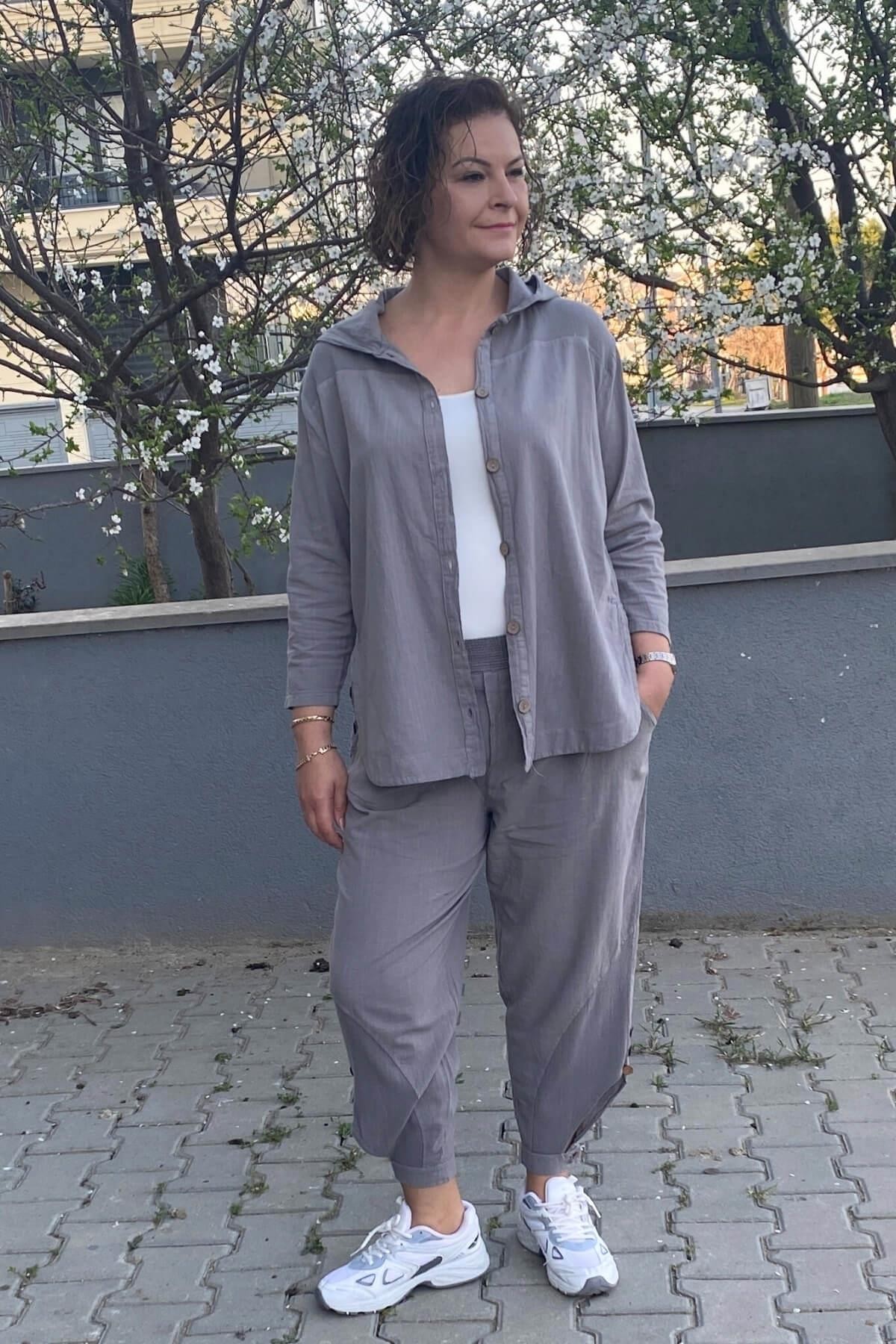 Kadın Gri Tasarım Spor Keten Takım