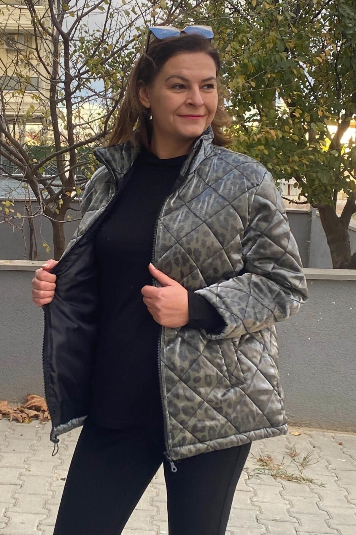 Büyük Beden Haki Leopar Desenli Mont