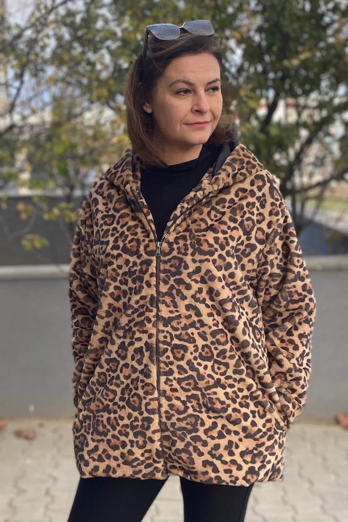 Büyük Beden Camel Leopar Deseli  Ceket