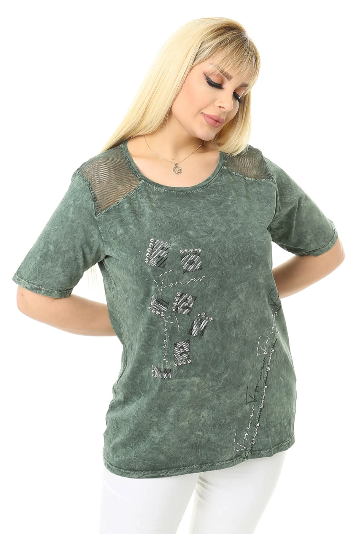 Büyük Beden Haki Omuzları File Detaylı Bluz