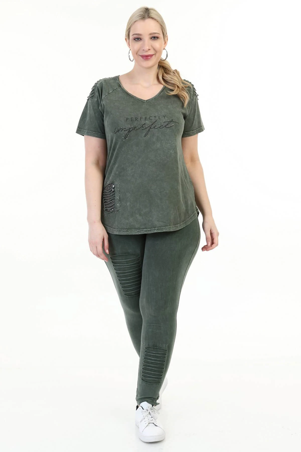 Büyük Beden Haki Omuzu Lazerli  İtalyan Yıkamalı Tayt Takım