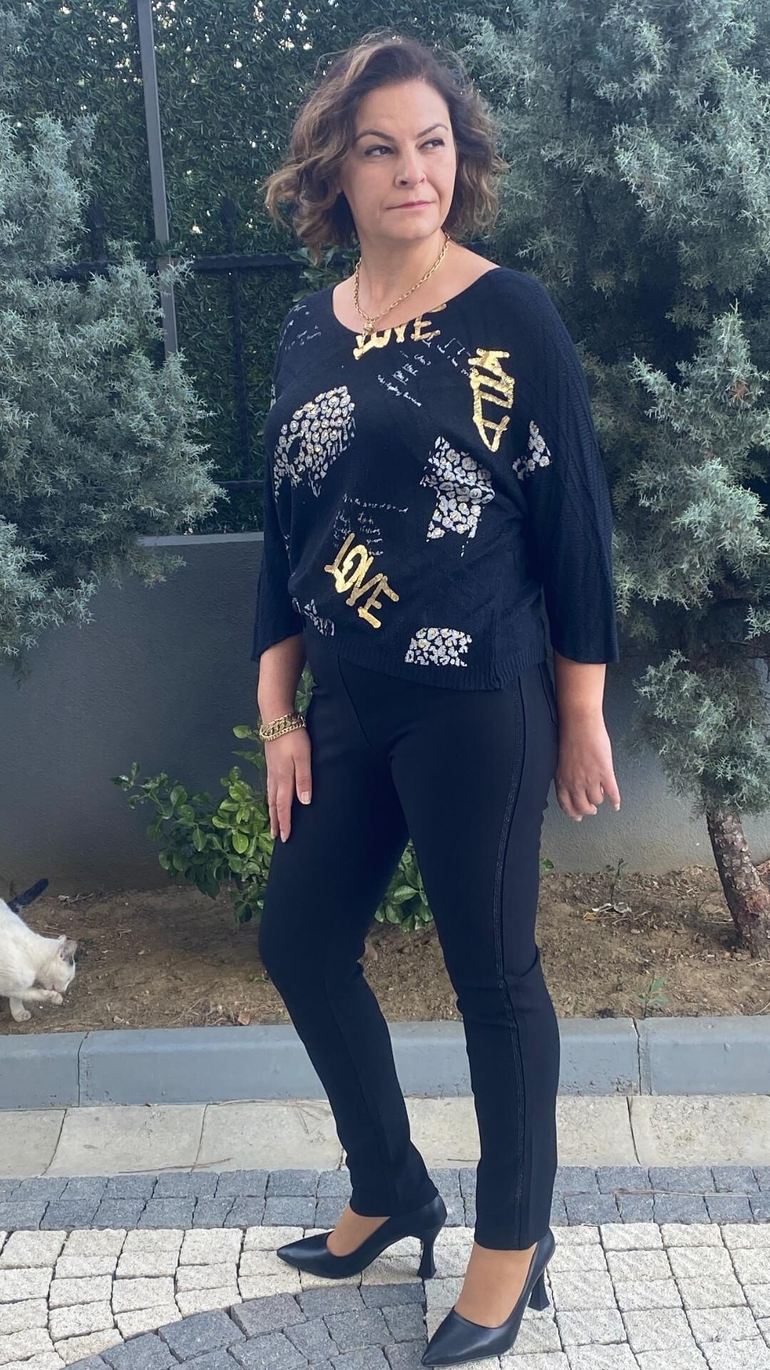 Kadın Siyah Punto Yanları Taş Detaylı Pantolon