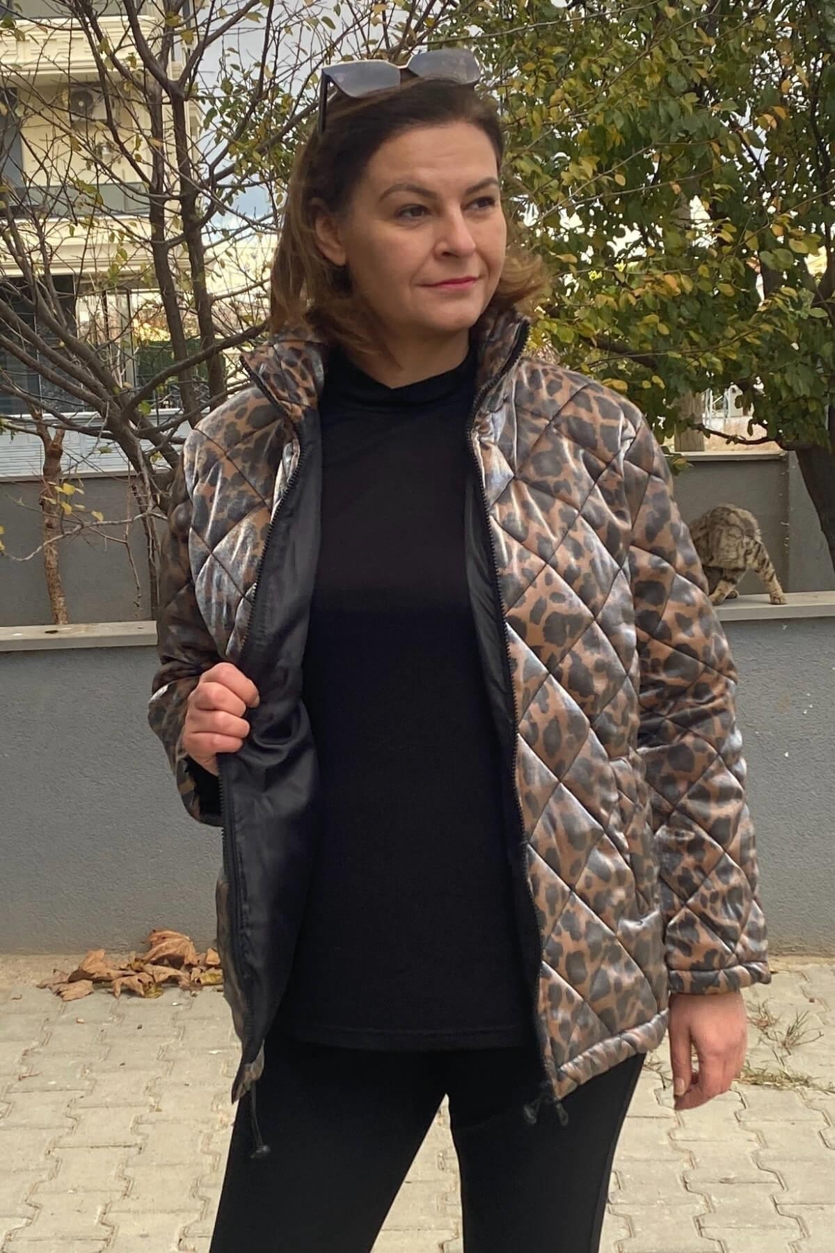 Büyük Beden Kahve Leopar Desenli Mont