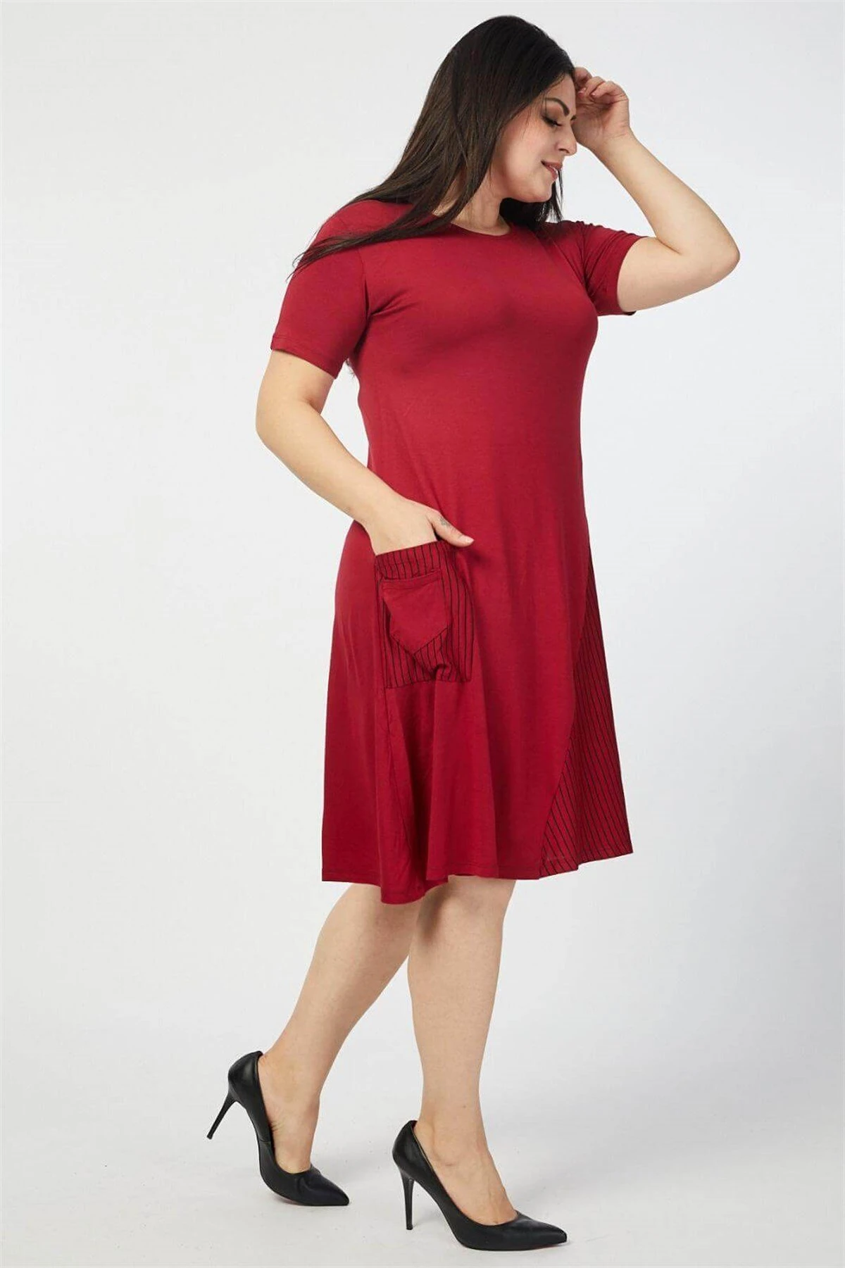 Büyük Beden Bordo Çapraz Cepli Çizgili Elbise