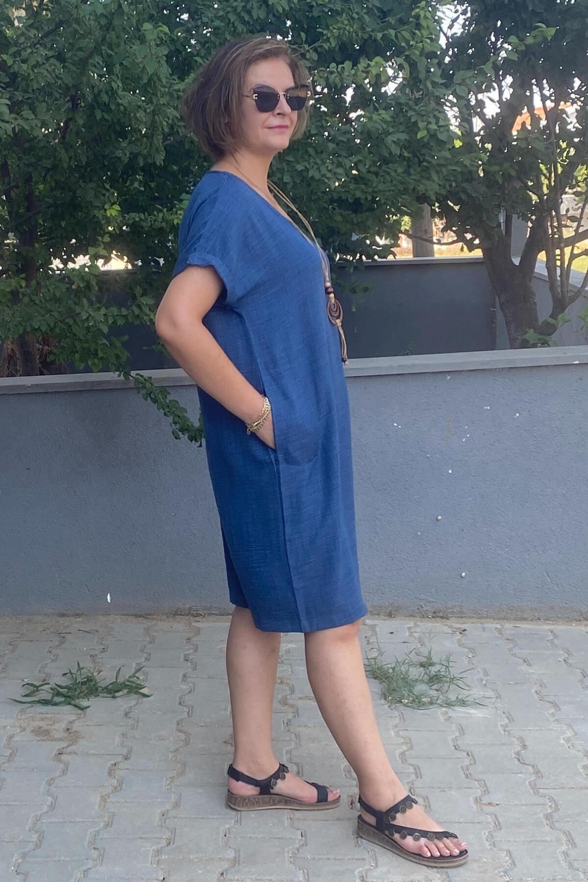 Büyük Beden Lacivert Kolye Hediyeli Salaş Elbise