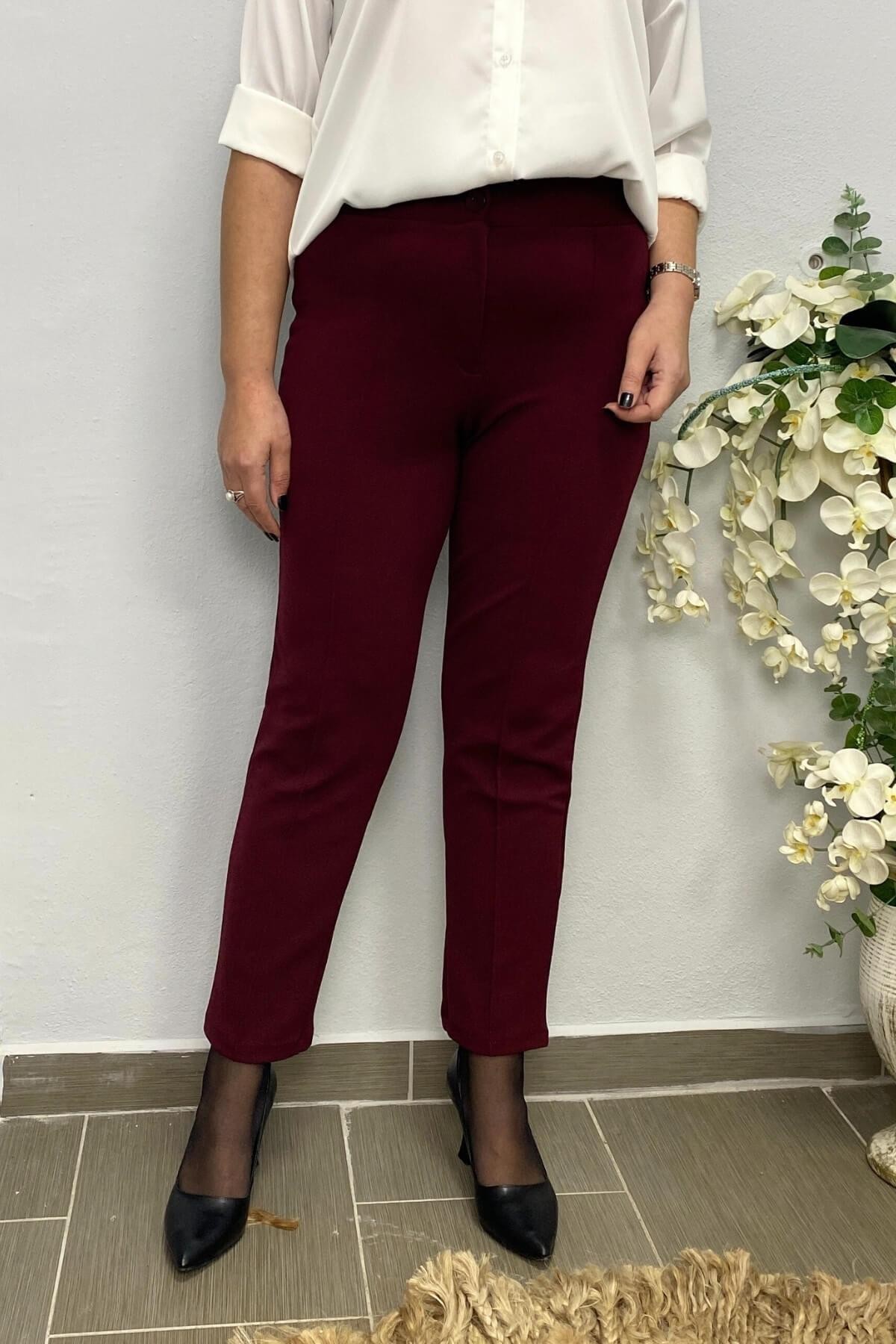 Dertsiz Büyük Beden Bordo Toparlayıcı Kumaş Pantolon