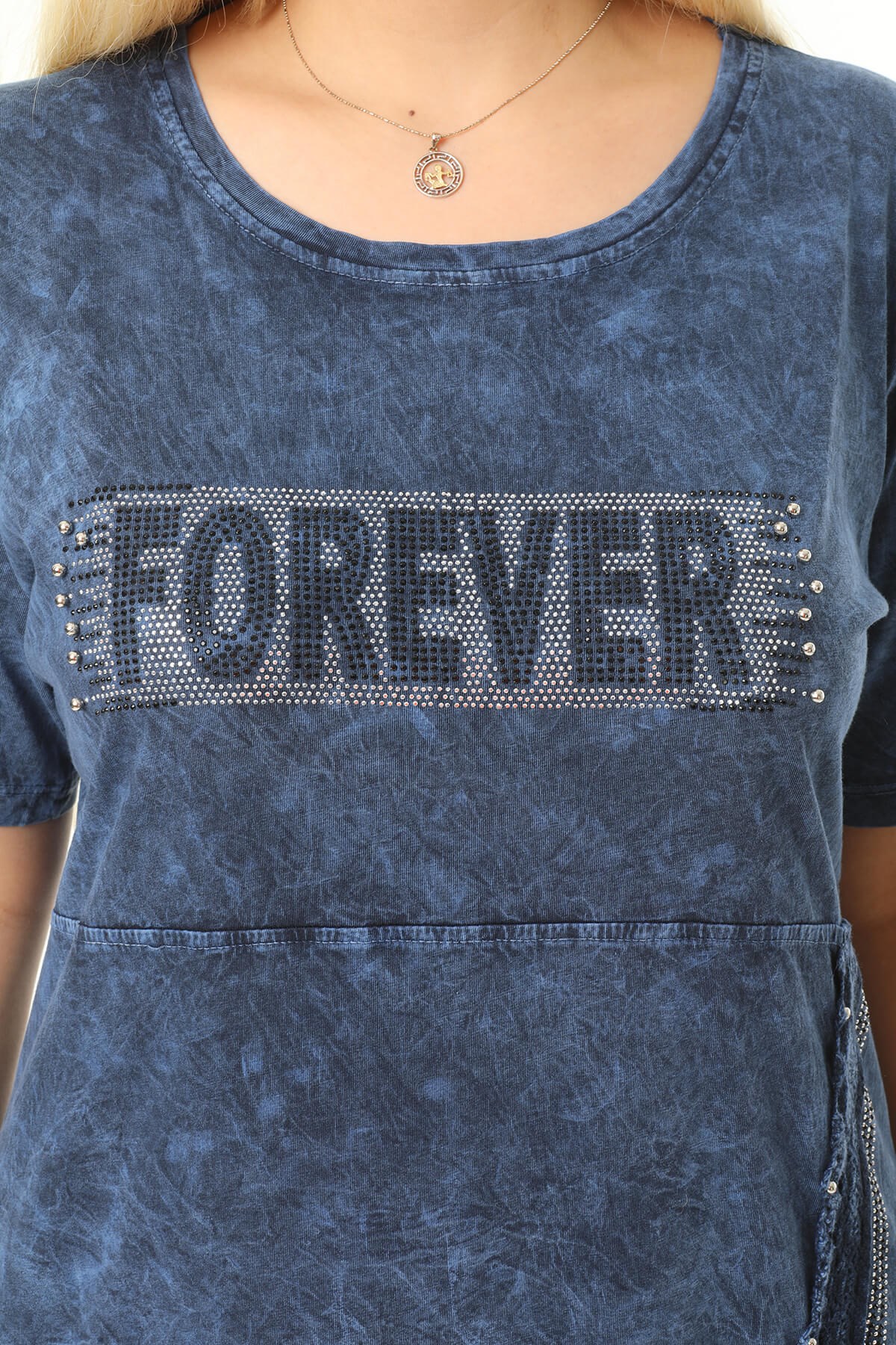 Büyük Beden Lacivert Yuvarlak Yaka Yıkamalı Elbise