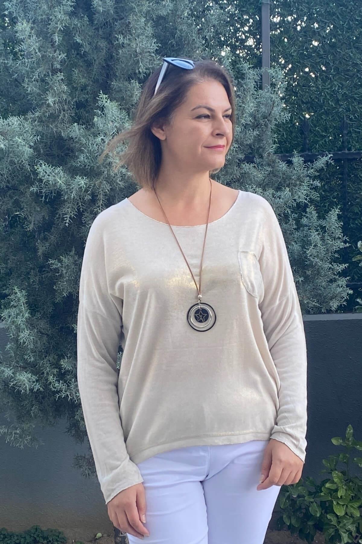 Kadın İtalyan Krem Varak Detaylı Triko Bluz