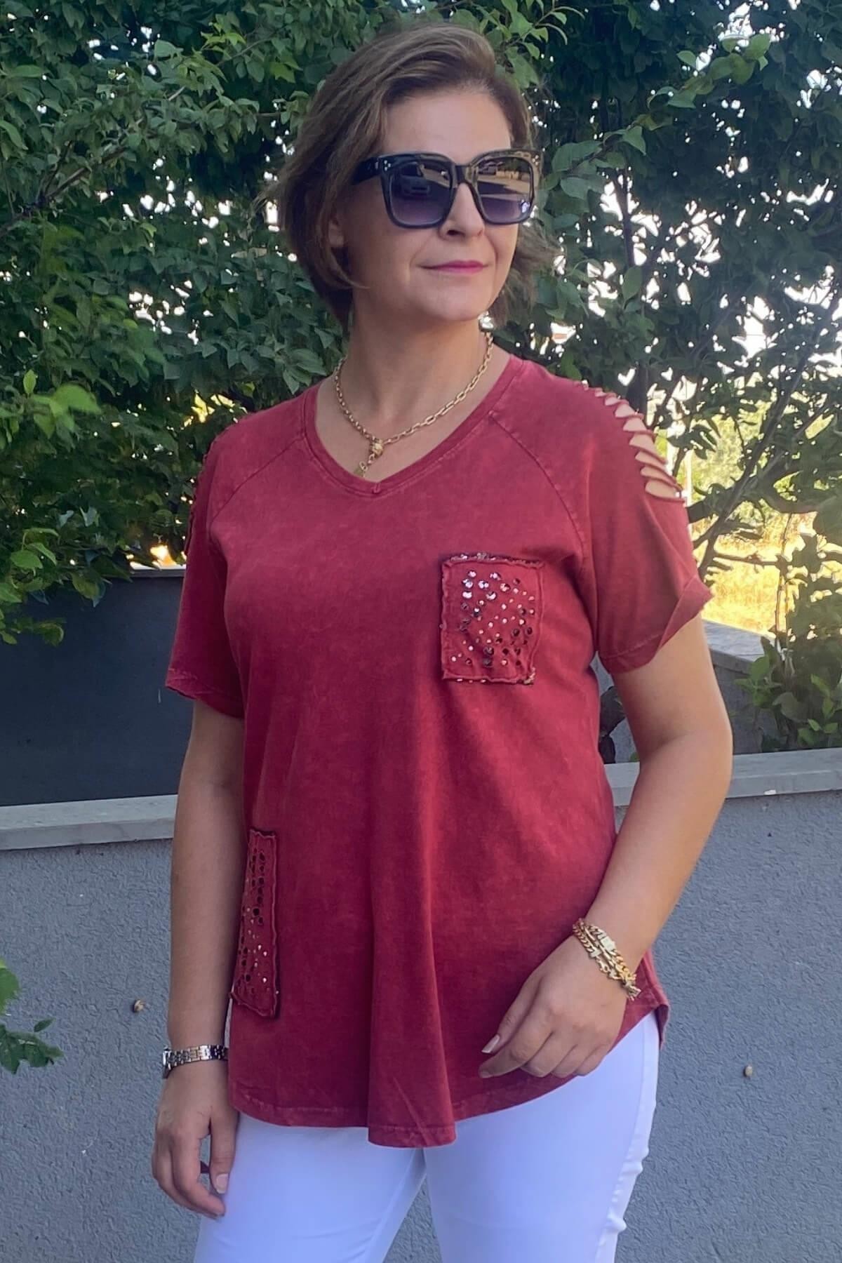 Büyük Beden Bordo Omuz Dekolte Pamuklu Tshirt
