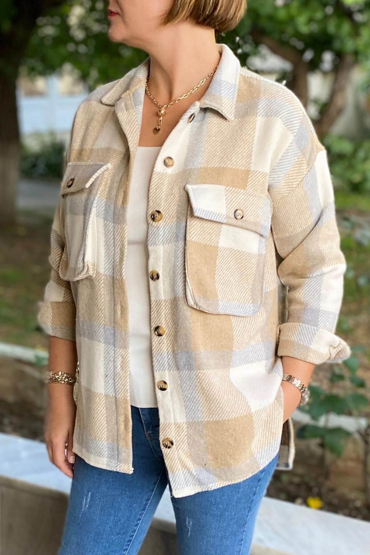 Kadın Bej Oduncu Gömlek Ceket