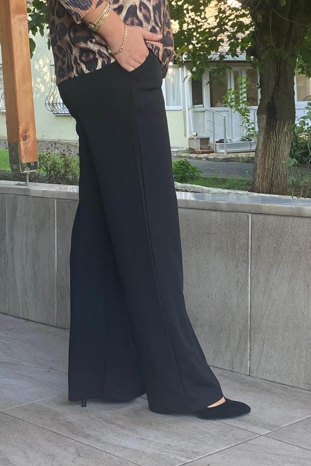 Kadın Siyah Krep Korsaj Bol  Paca Toparlaycı Pantolon