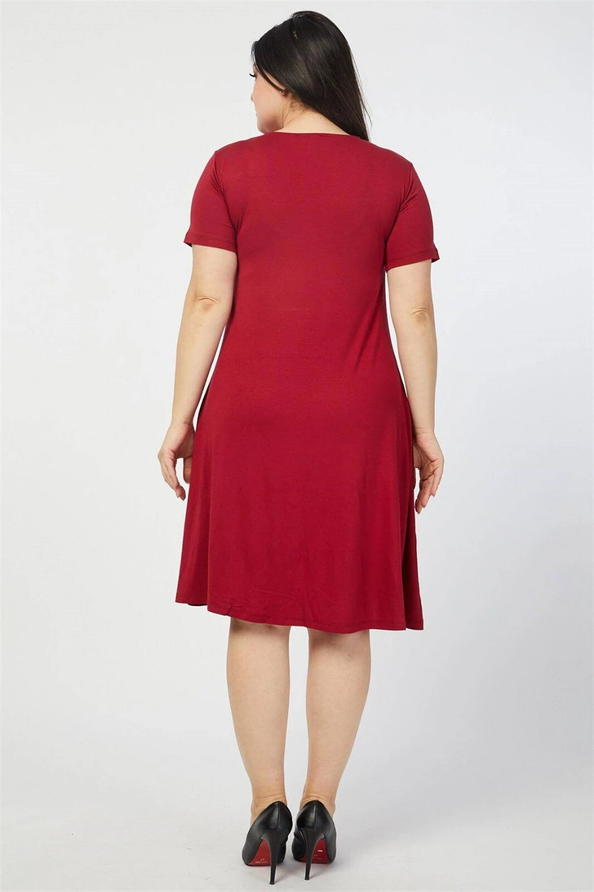 Büyük Beden Bordo Çapraz Cepli Çizgili Elbise