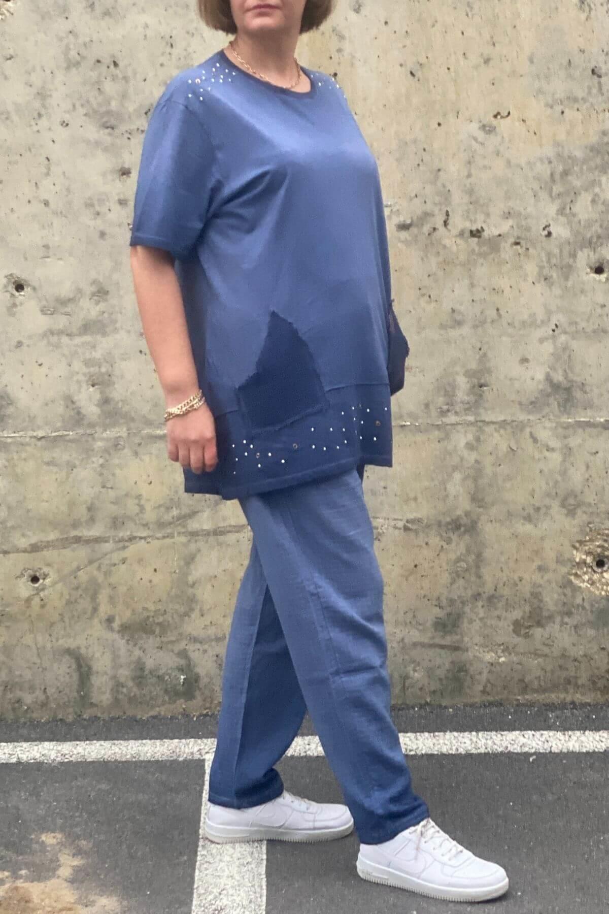 Büyük Beden Verona İndigo Keten Takım