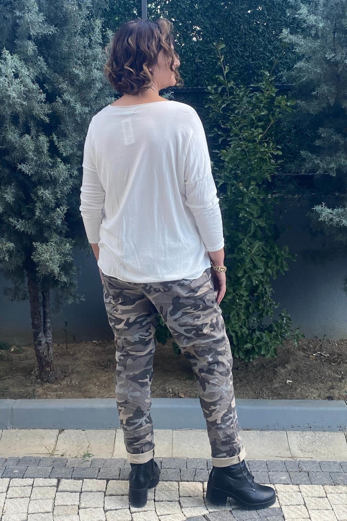 Kadın İtalyan Baskılı Angora Beyaz Triko Bluz