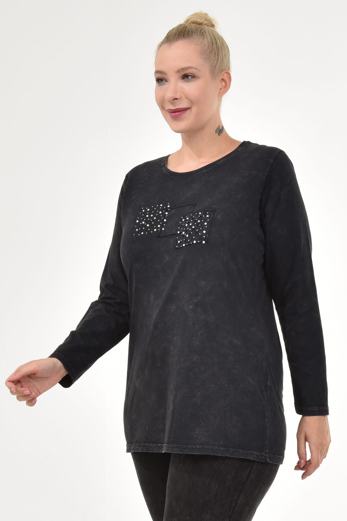 Büyük Beden İtalyan Yıkamalı Siyah Uzun  Kolu Tshirt