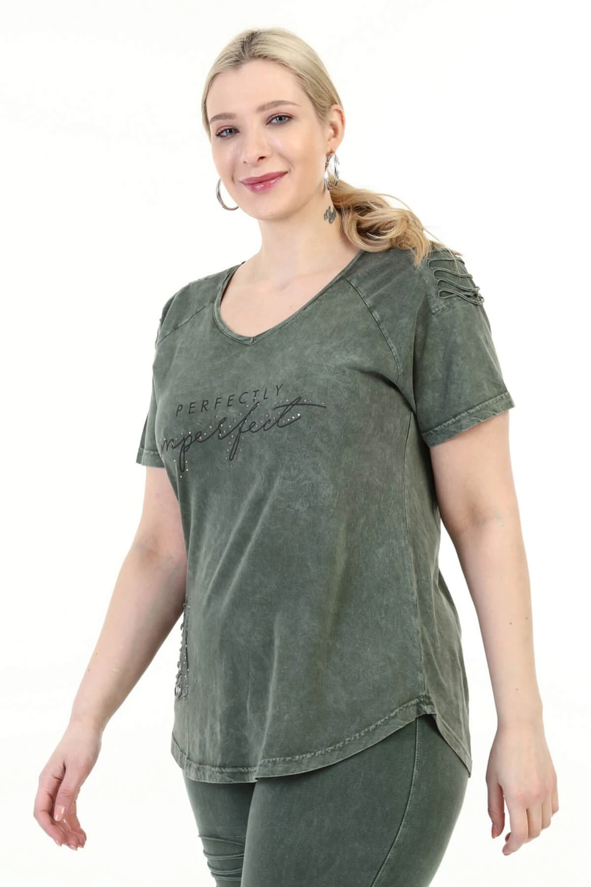 Büyük Beden Haki Omuzu Lazerli  İtalyan Yıkamalı Tayt Takım