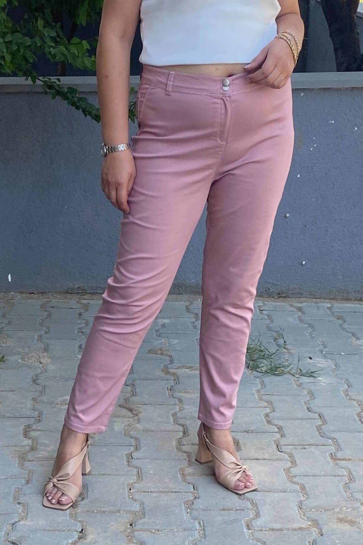 Kadın Pudra Pembe  Boru Paça Pantolon