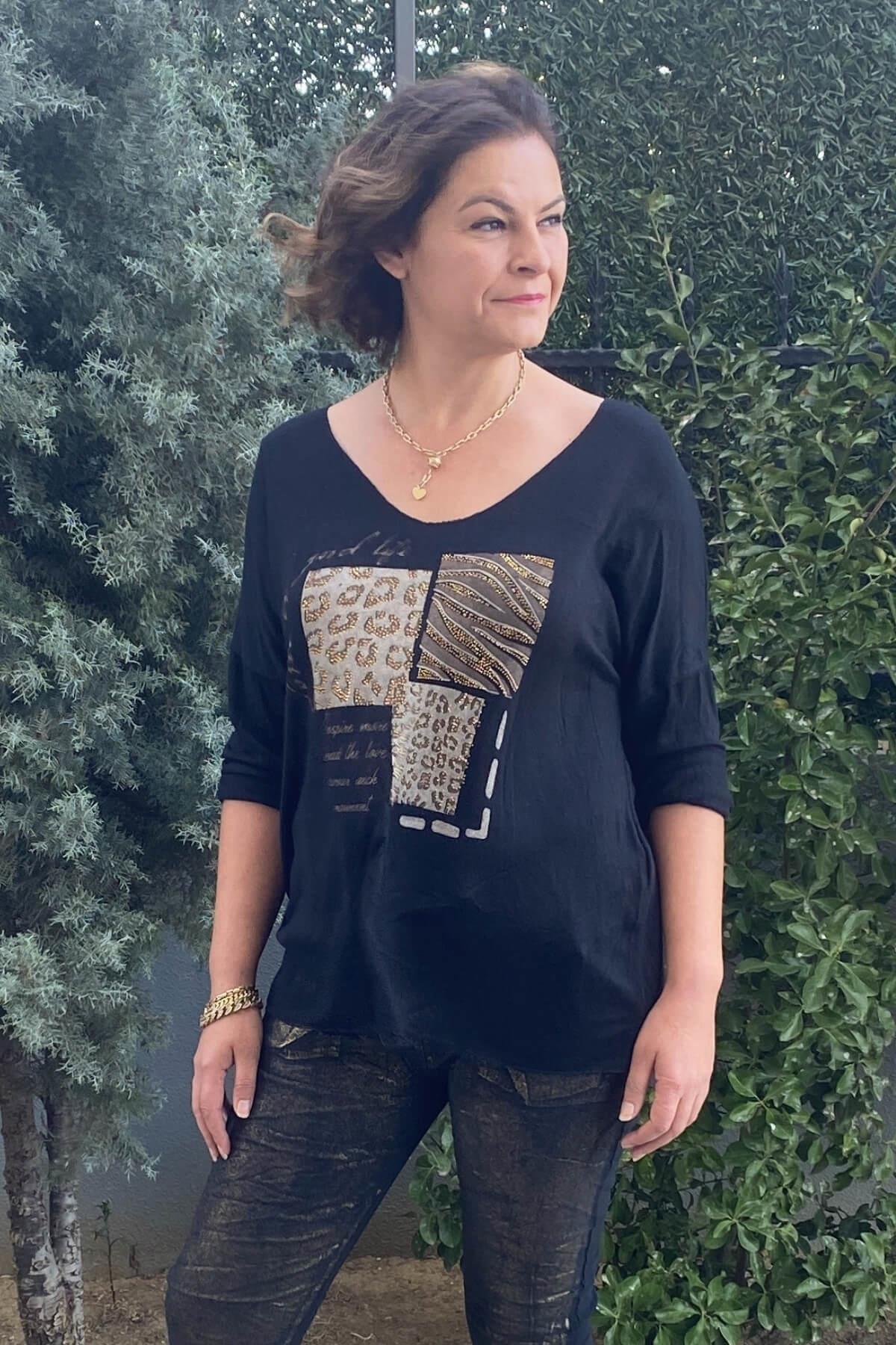 Kadın İtalyan Baskılı Angora Siyah Triko Bluz