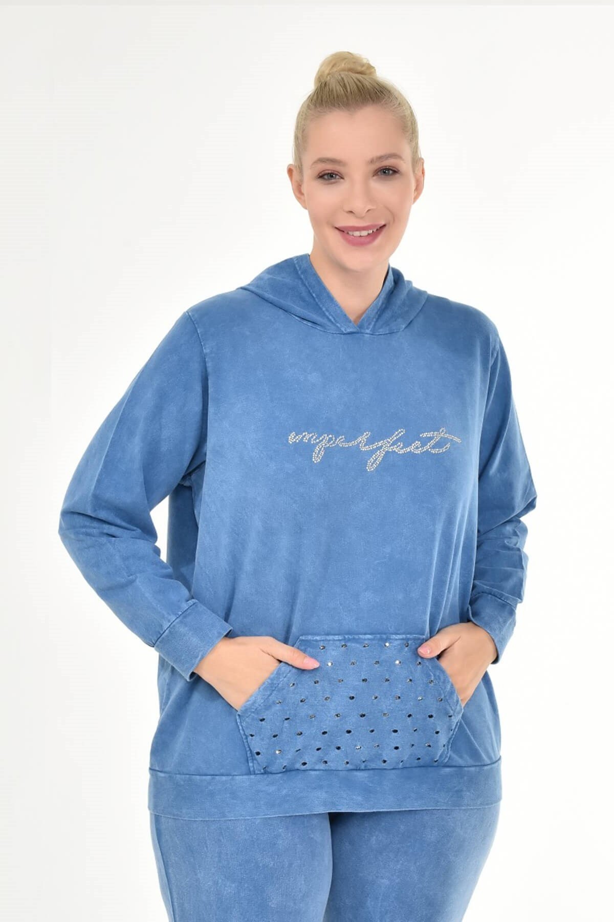 Kadın Büyük Beden İtalyan Yıkama Mavi Kapşonlu Sweatshirt