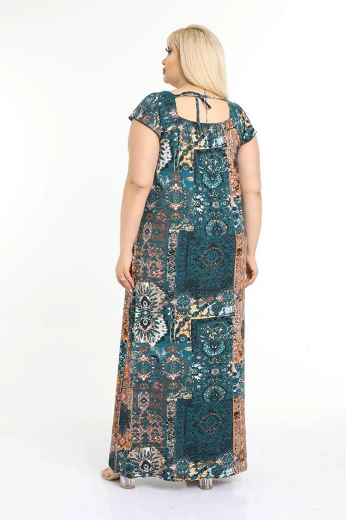 Büyük Beden Koyu Turkuaz Etnik Desen İp Detaylı Uzun Elbise