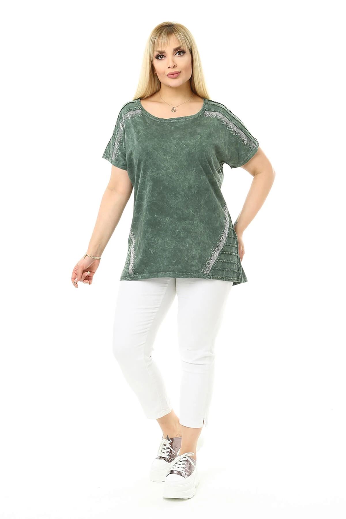 Büyük Beden Haki Yuvarlak Yaka Bluz