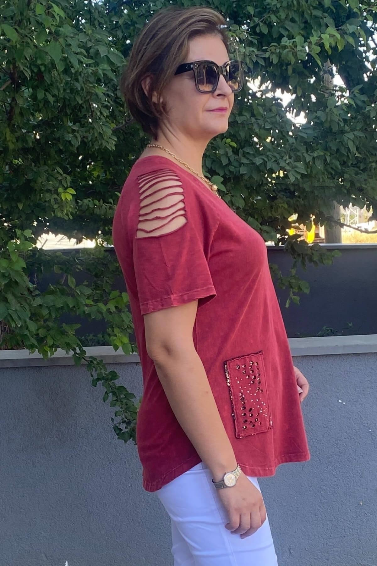 Büyük Beden Bordo Omuz Dekolte Pamuklu Tshirt