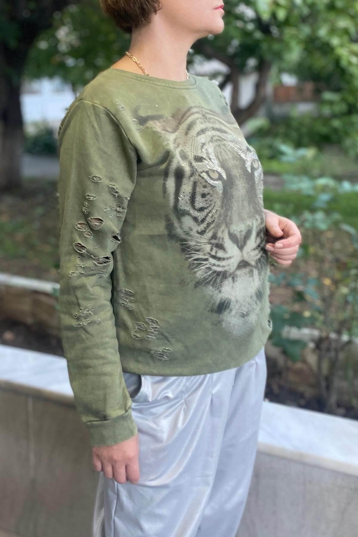 Kadın Haki Kaplan Desenli Sweat