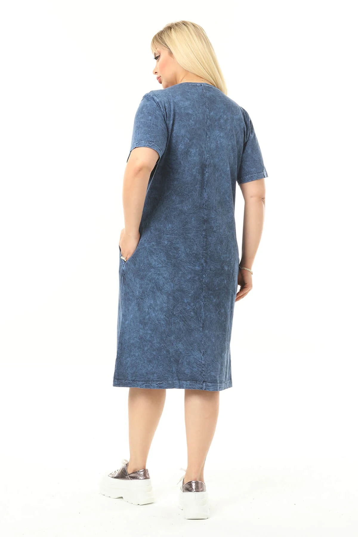 Büyük Beden Lacivert Yuvarlak Yaka Yıkamalı Elbise