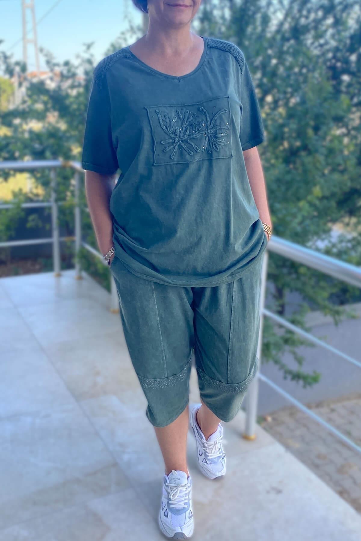 Büyük Beden Haki Yaprak Desenli Bermuda Takım