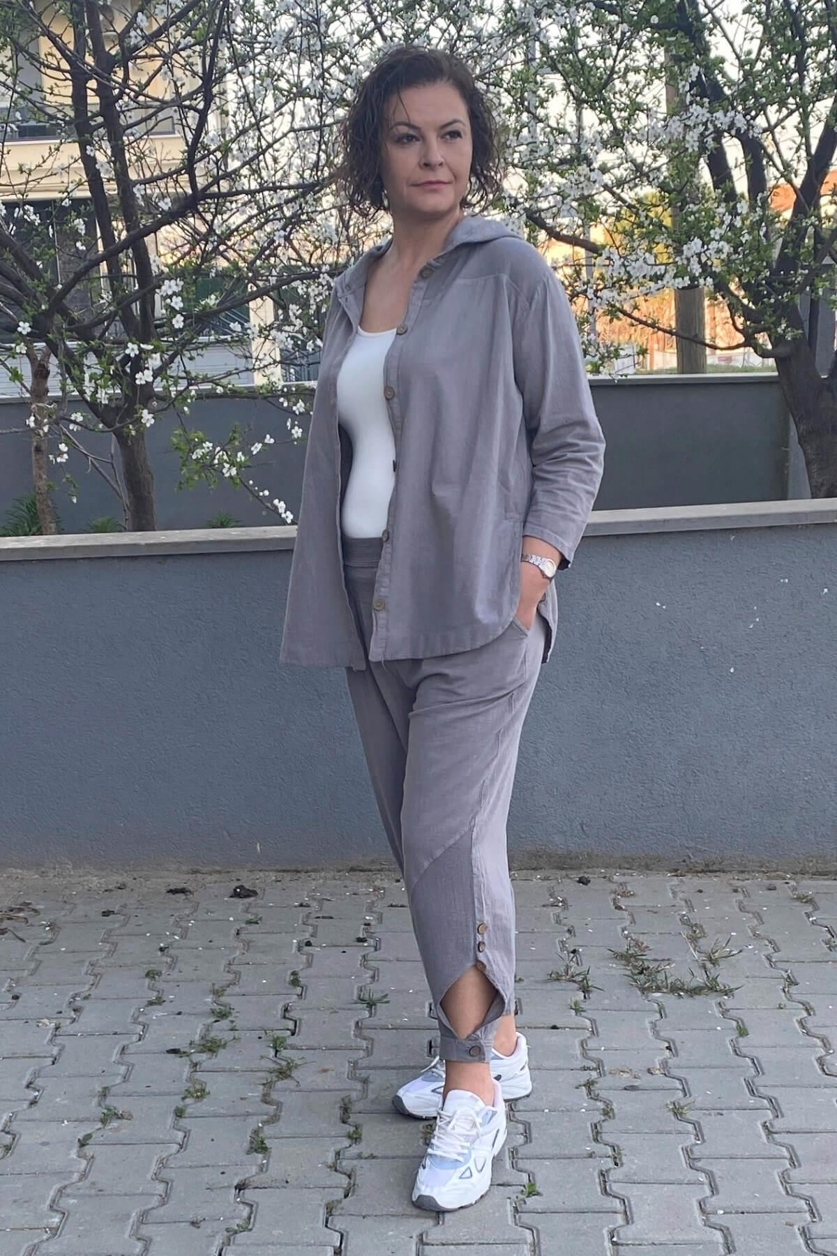 Kadın Gri Tasarım Spor Keten Takım