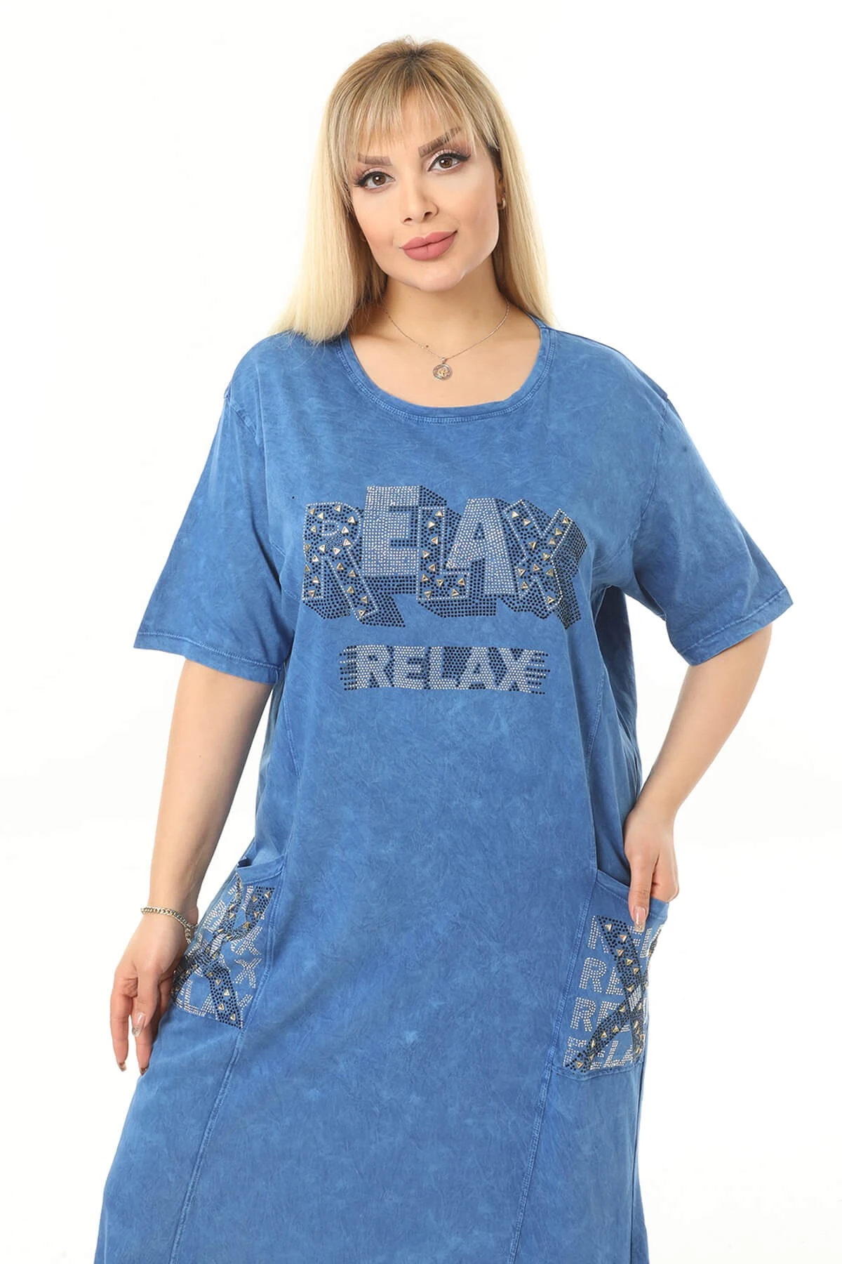 Büyük Beden Mavi Eteği Dantel Detaylı Elbise