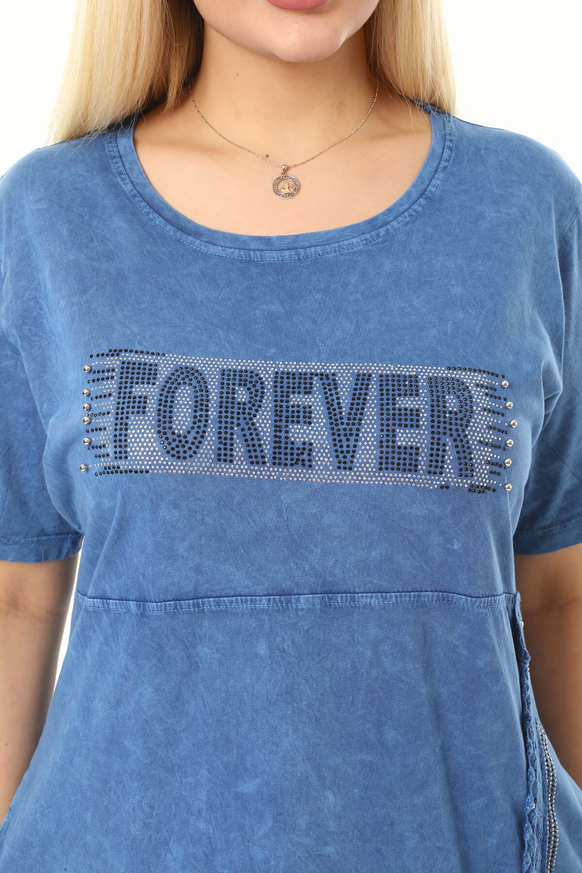 Büyük Beden Mavi Yuvarlak Yaka Yıkamalı Elbise