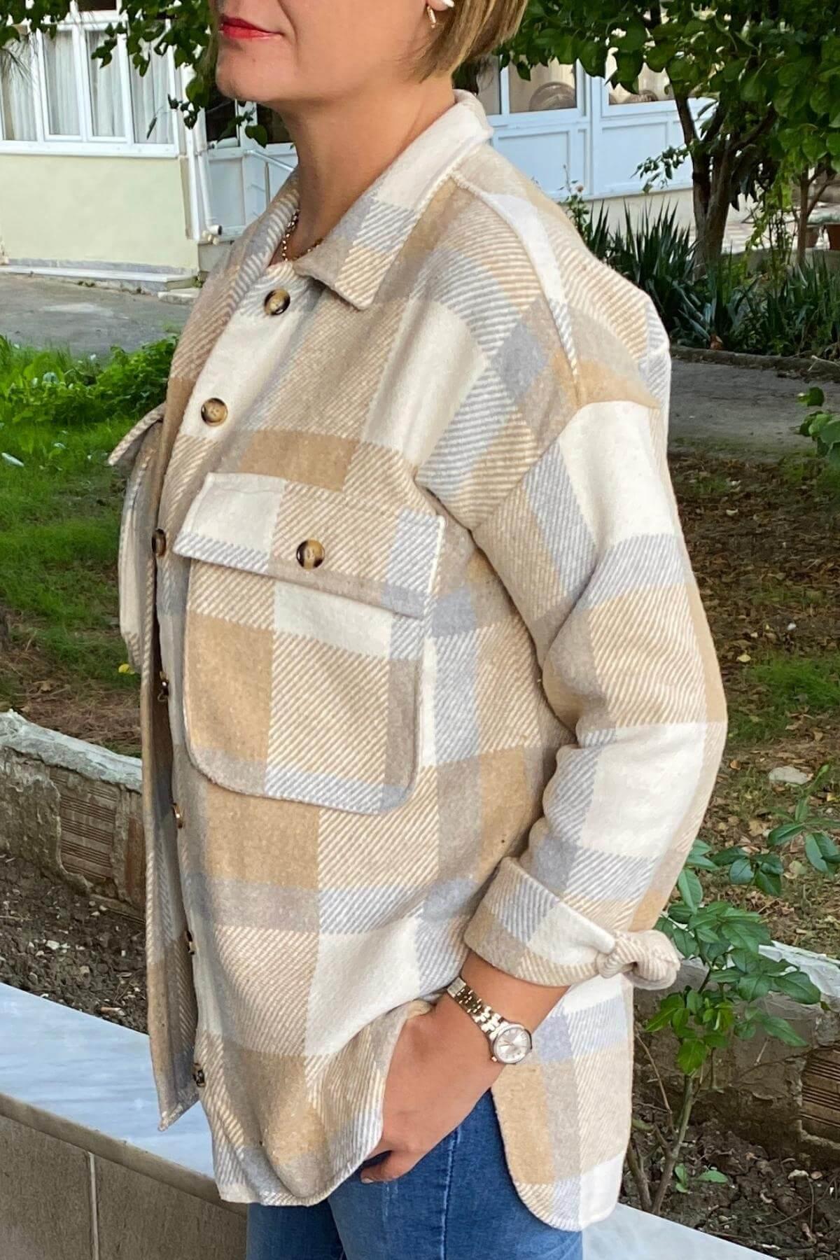 Kadın Bej Oduncu Gömlek Ceket
