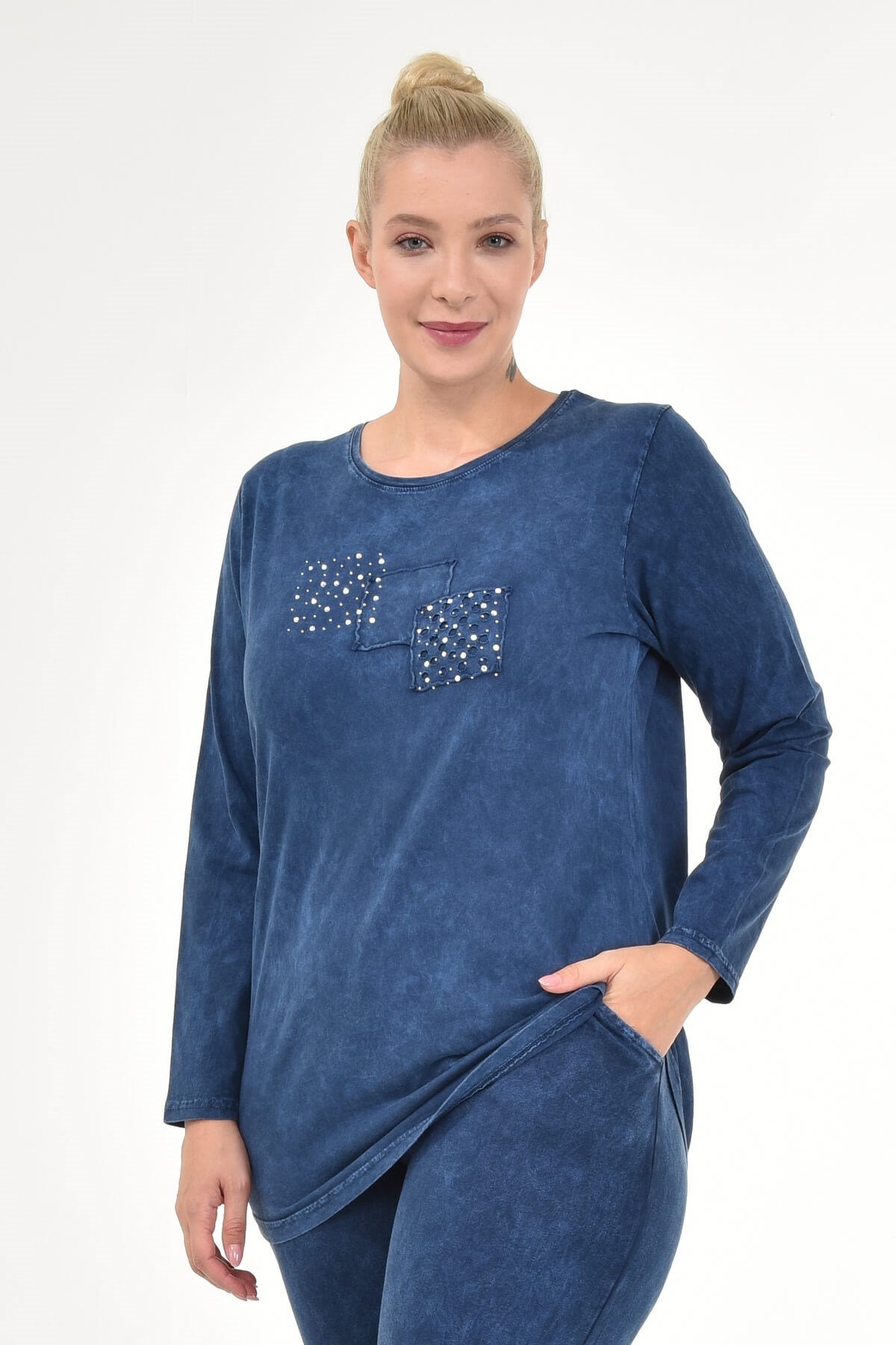 Büyük Beden İtalyan Yıkamalı Lacivert Uzun  Kolu Tshirt