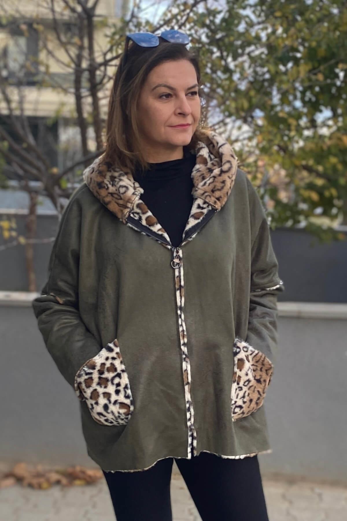 Kadın Haki İtalyan Leopar Desenli Kısa Kaban