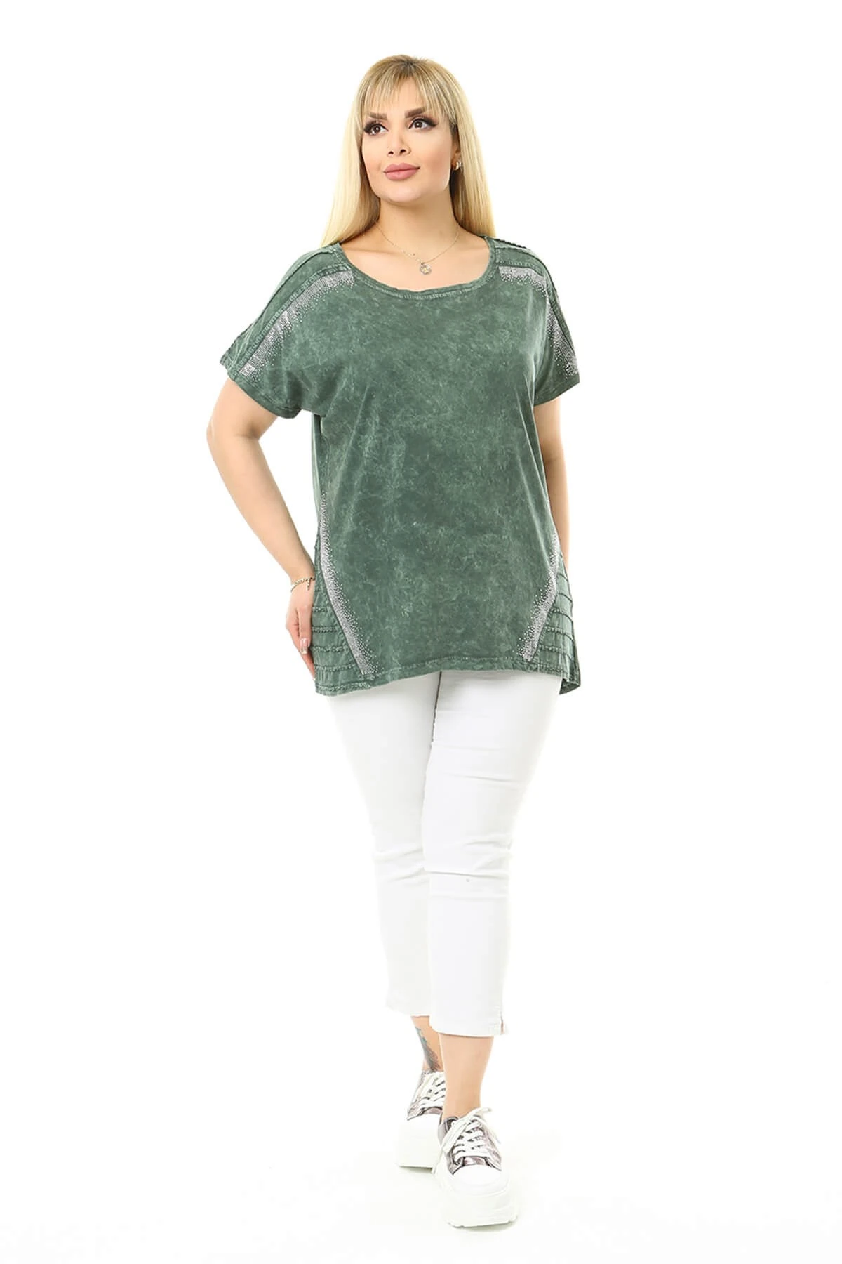 Büyük Beden Haki Yuvarlak Yaka Bluz