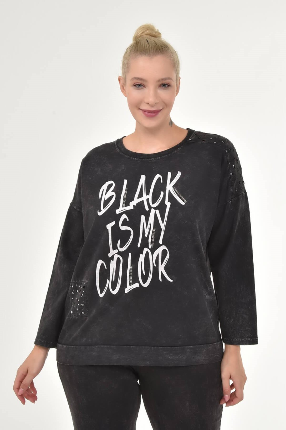 Kadın Büyük Beden İtalyan Yıkamalı Siyah Yuvarlak Yaka Sweatshirt