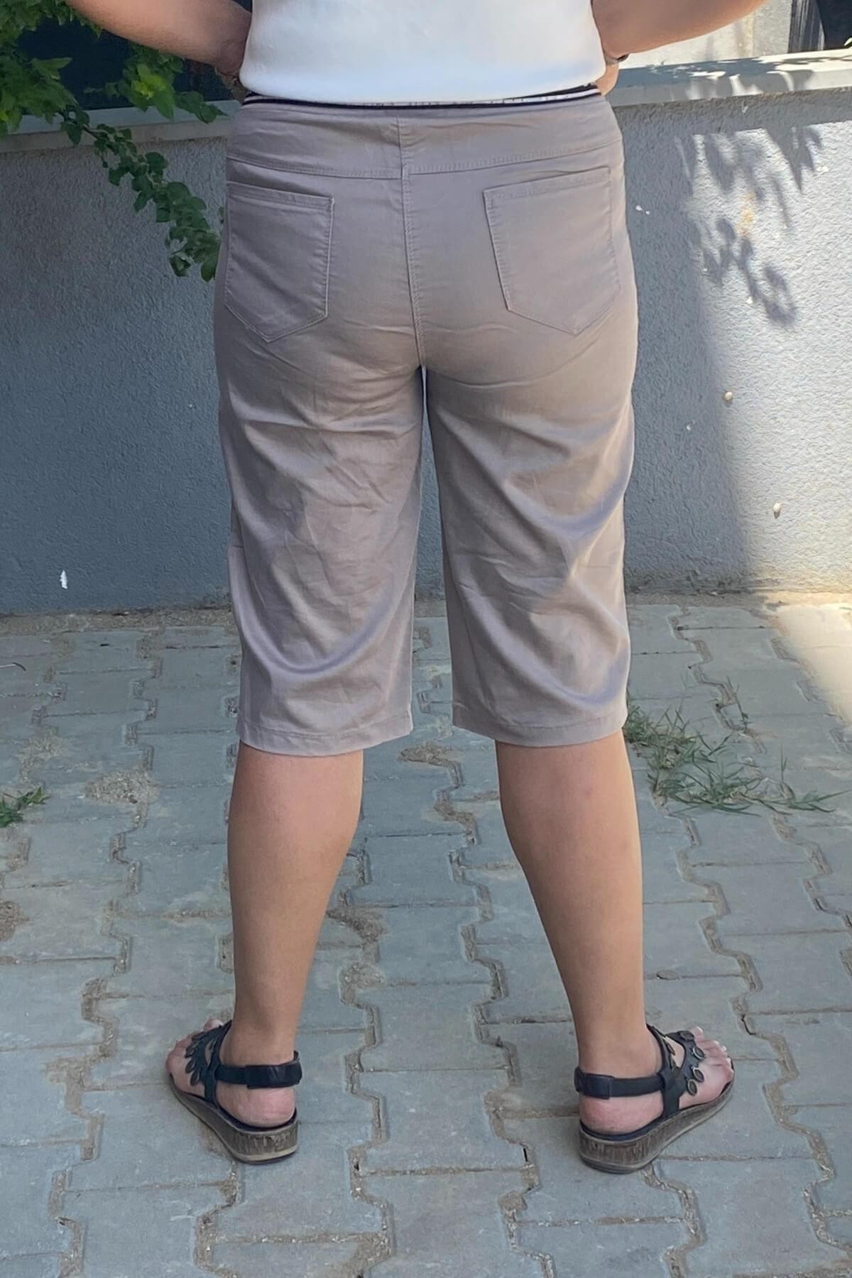 Büyük Beden Taş Rengi Beli Lastikli Tensel Kapri