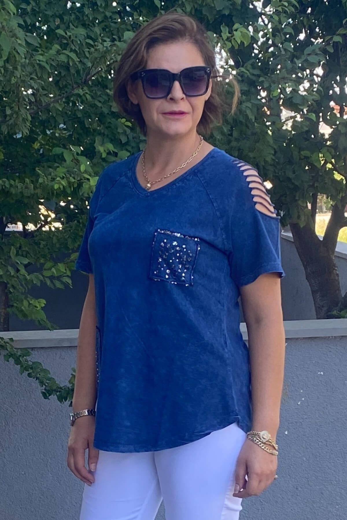 Büyük Beden Lacivert Omuz Dekolte Pamuklu Tshirt