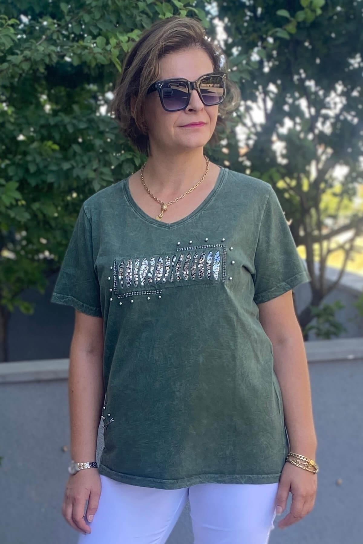 Büyük Beden Haki İtalyan Yıkamalı Pencere Detaylı Tshirt