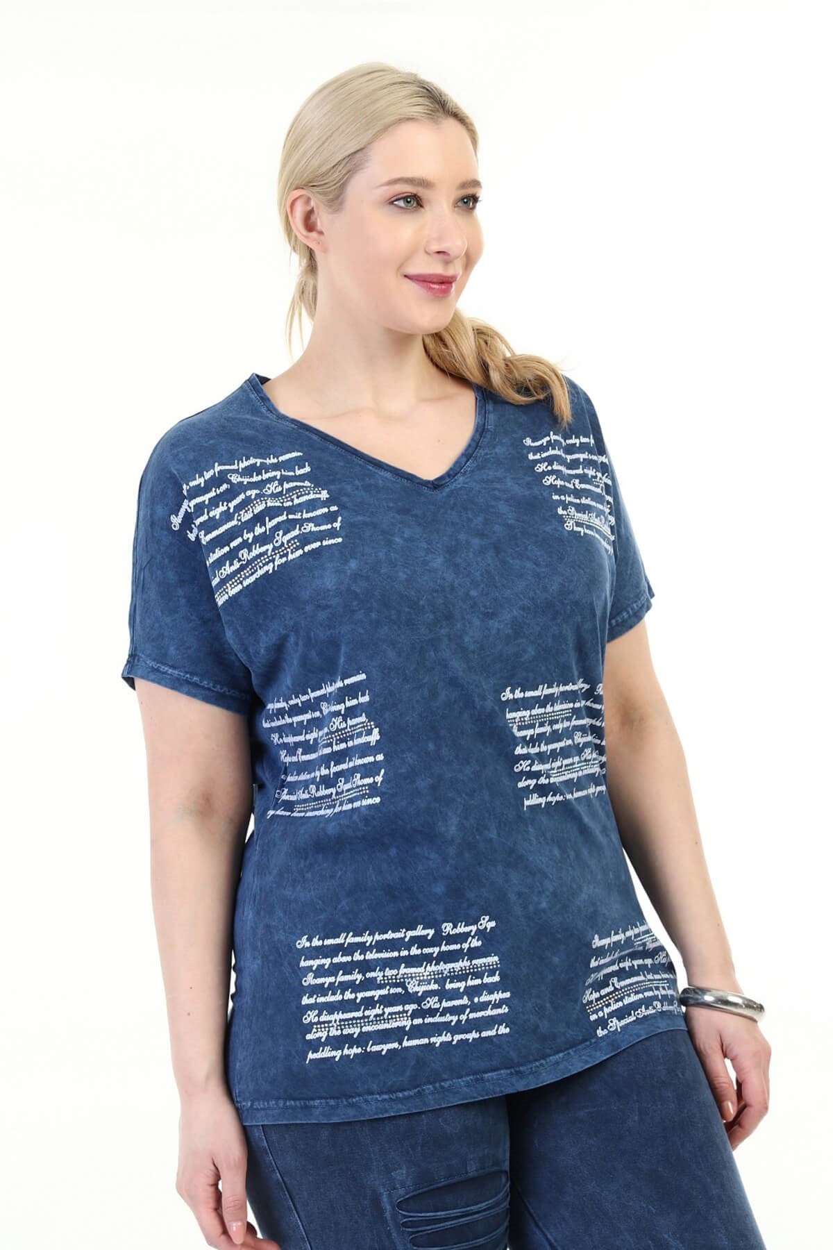 Büyük Beden İtalyan Yıkamalı Lacivert Yarasa Kol Tshirt