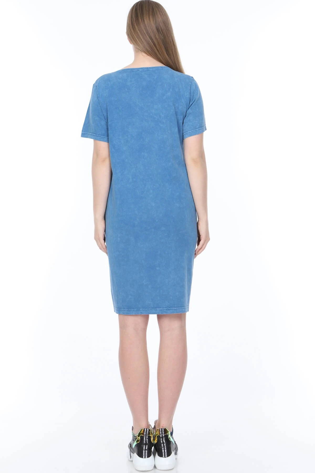 Büyük Beden İtalyan Yıkamalı Mavi Önü Pencereli Pullu Elbise