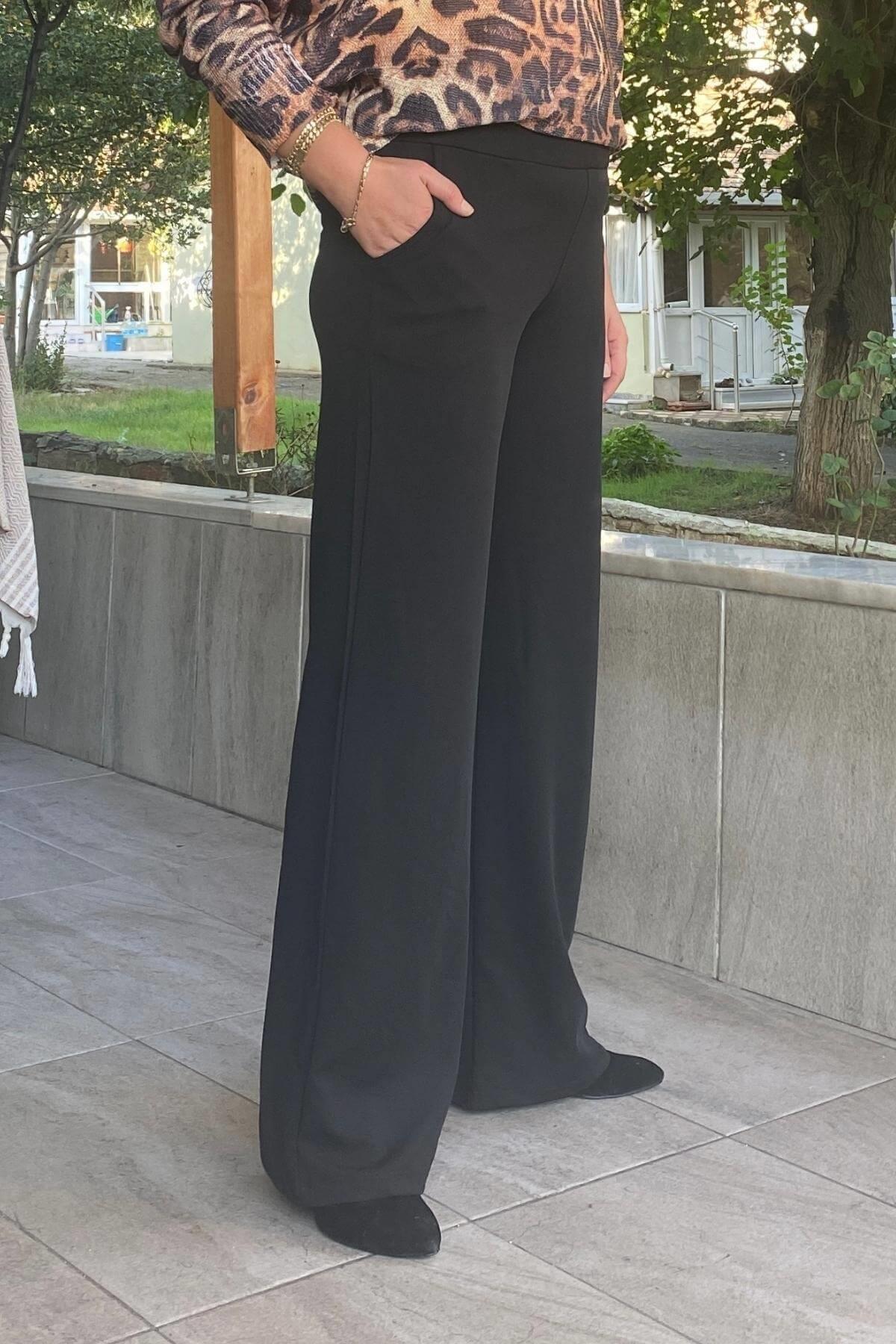 Kadın Siyah Krep Korsaj Bol  Paca Toparlaycı Pantolon