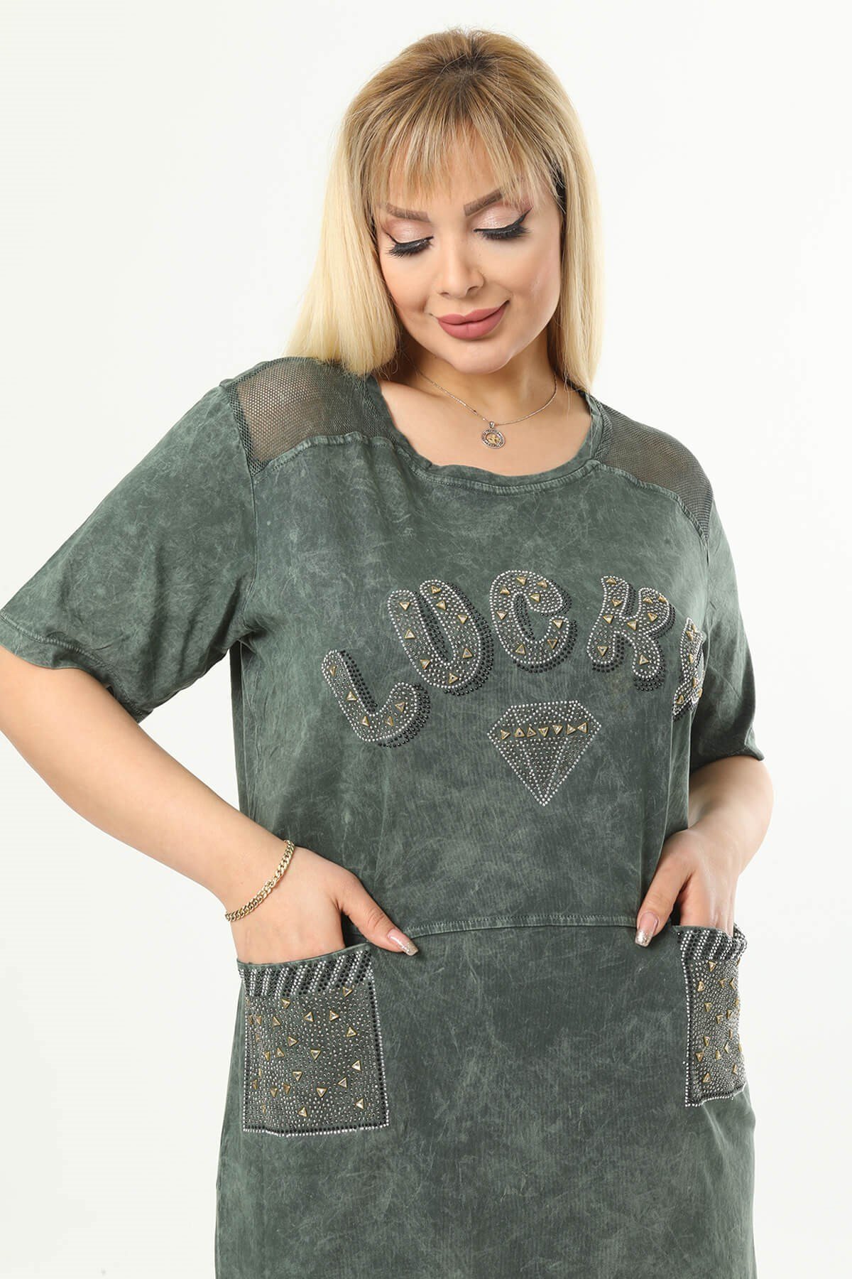 Büyük Beden Haki Omuzları File Detaylı Elbise