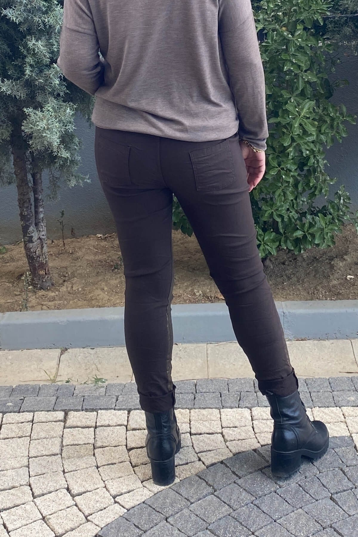 Kadın İtalyan Varak Basklı Kahve  Pantolon