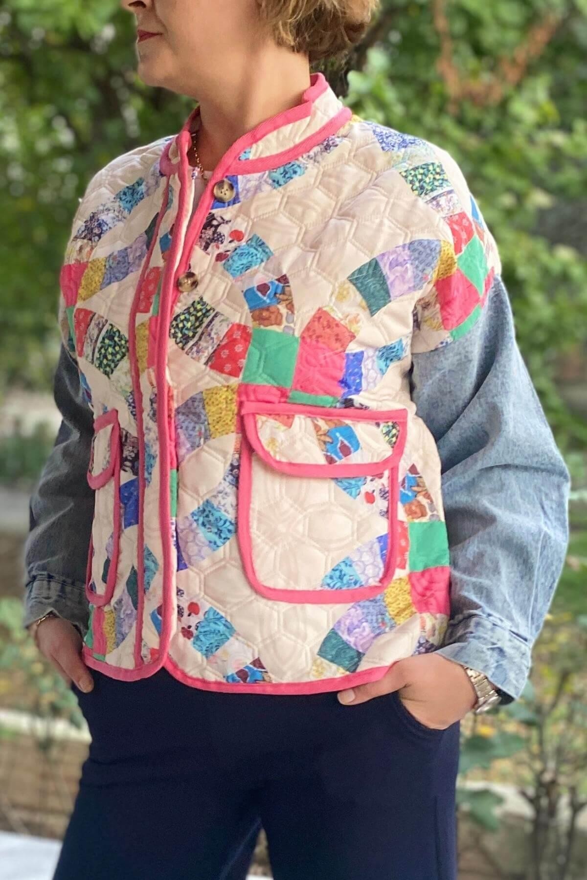 Kadın Krem Patchwork Desenli Ceket