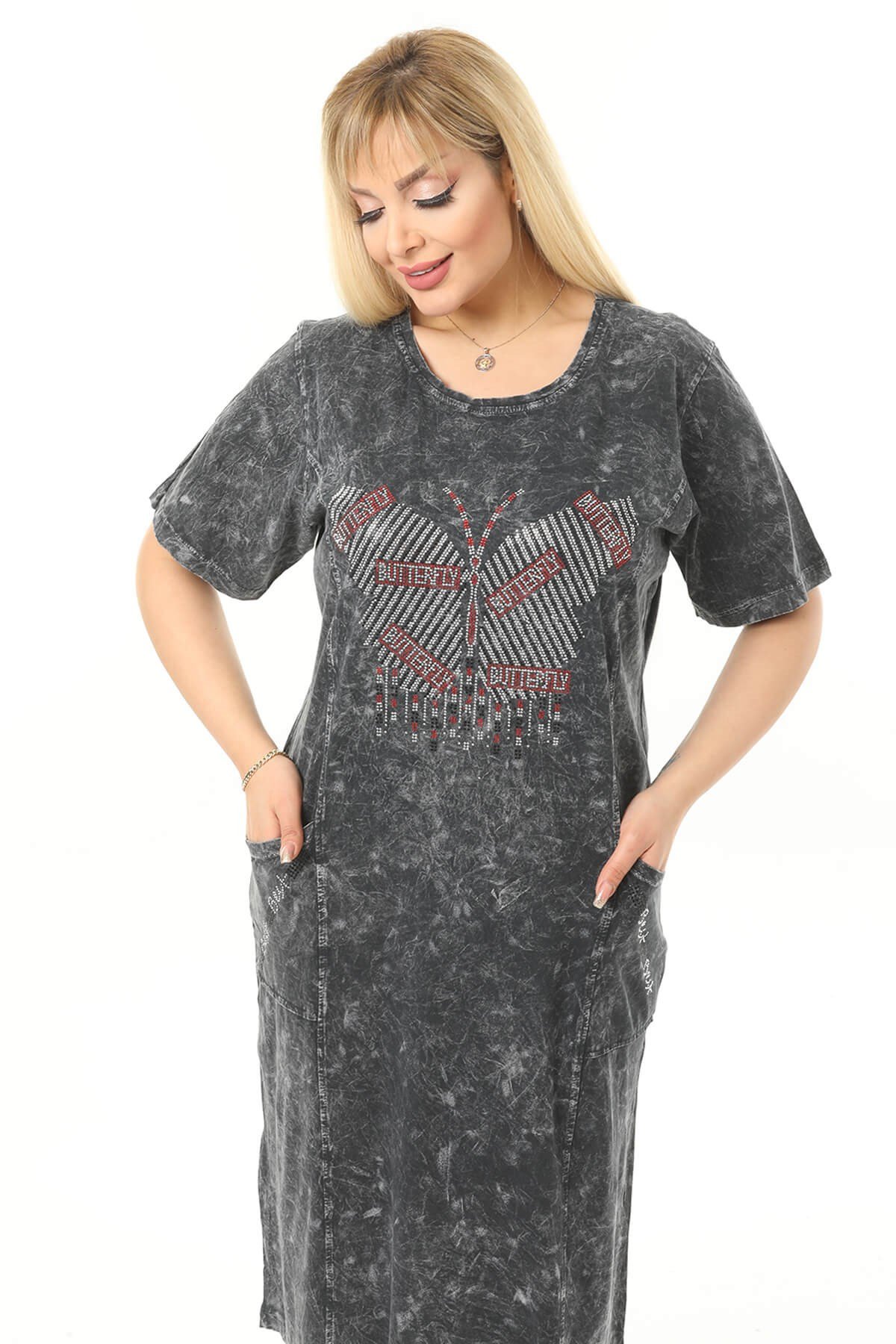 Büyük Beden Füme Kelebek Taslı Elbise