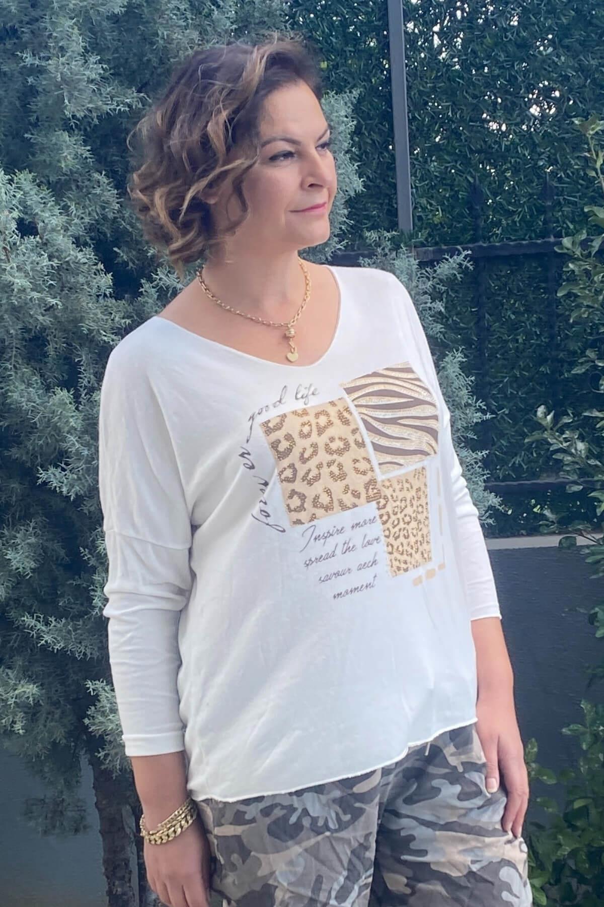 Kadın İtalyan Baskılı Angora Beyaz Triko Bluz